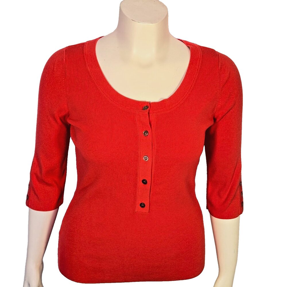 Tommy Bahama Henley Sweater Women's M Red Oversized Stretchy 1/2 Sleeve